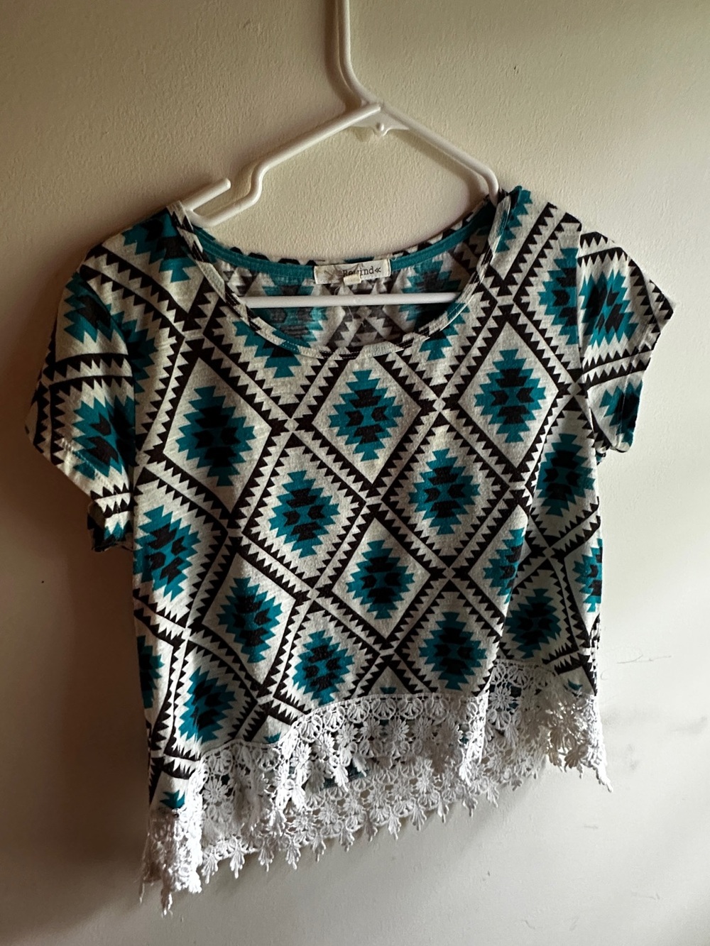 Rewind Teal & Black Aztec Crochet-Hem Crop Top